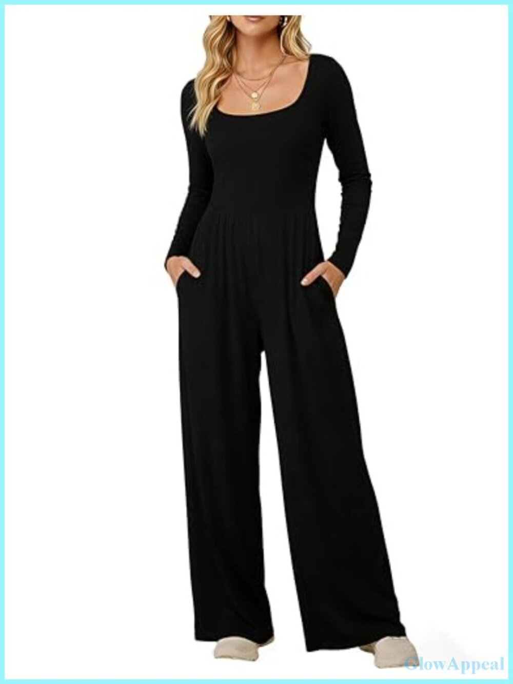 Women's Long Sleeve Wide Leg Jumpsuit Square Neck Romper with Pockets